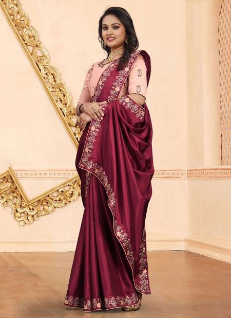 Maroon Colour Stylish Designer Party Wear Silk Embroidery With Stone Work Saree Collection Svarna1003